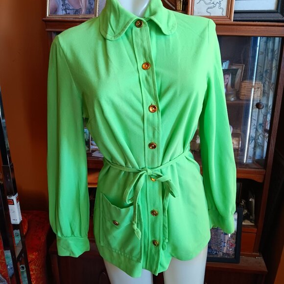 Medium Vintage 70's Lime Green Mod Button-Up Long Sleeve Blouse - Picture 2 of 7